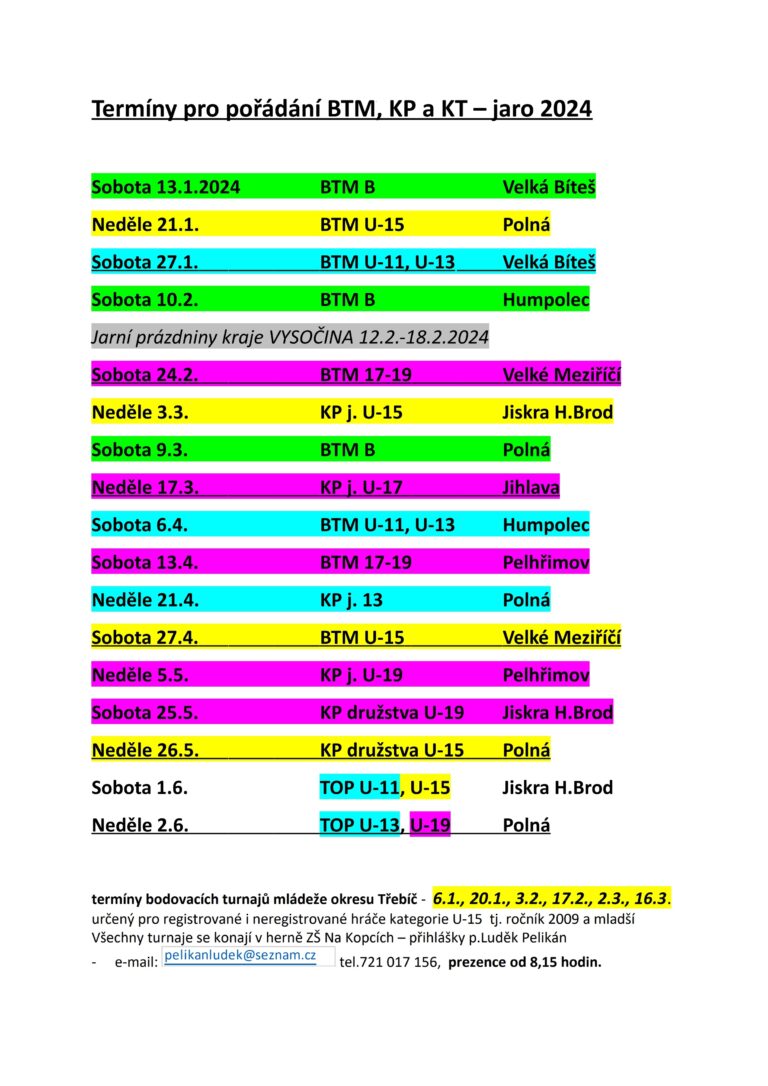 Rozpis turnajů dětí a mládeže ve stolním tenise na Vysočině pro první polovinu roku 2024