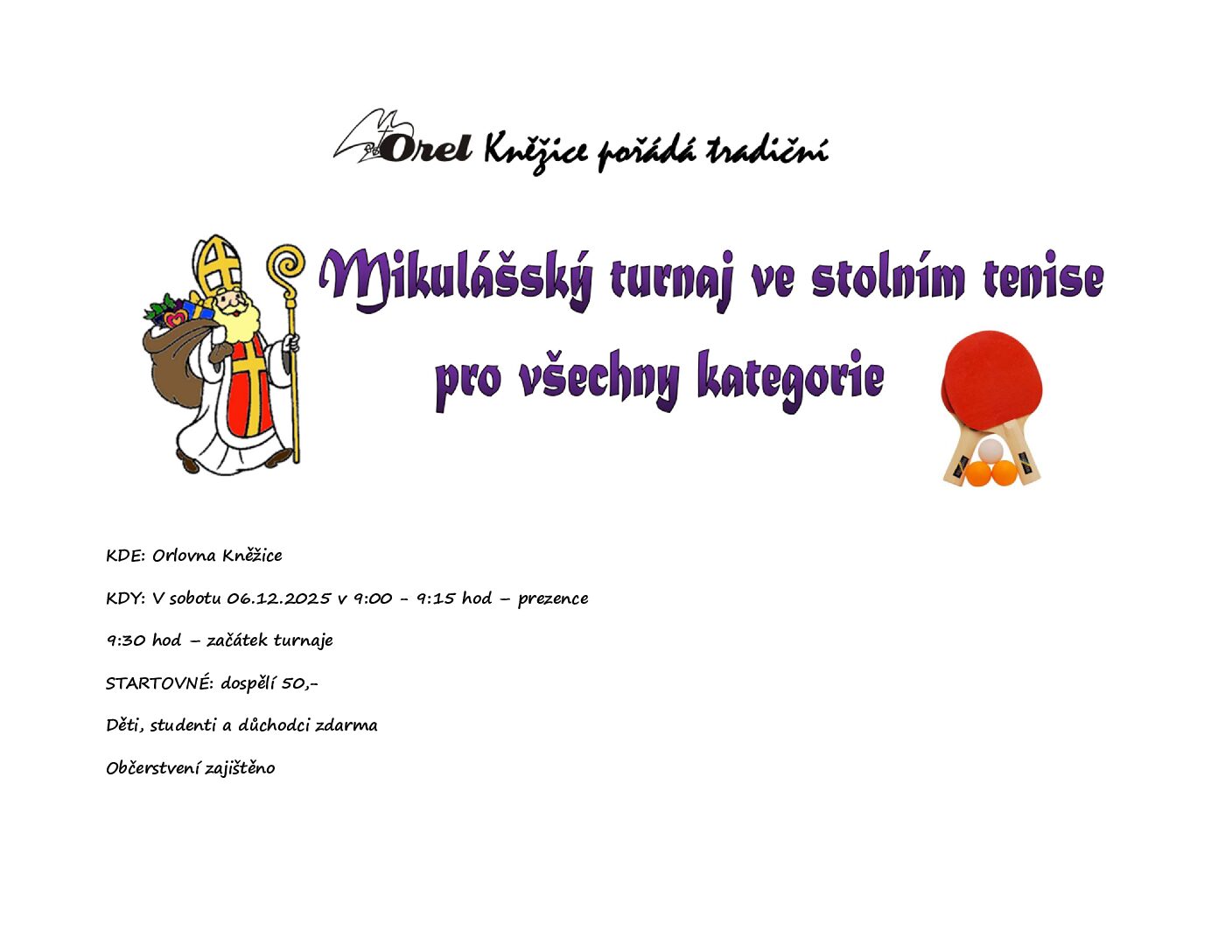 Právě si prohlížíte Pozvánka na turnaj ve stolním tenise do Kněžic – 6. 12. 2025